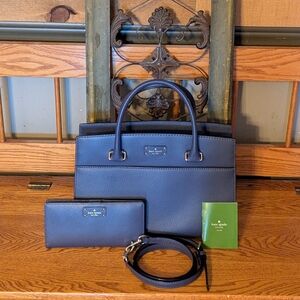Kate Spade Navy Blue Leather Grove Street Caley Satchel & Matching Wallet